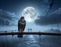 Hawk Perched on Rope Bridge Under Moon Royalty Free Stock Photo
