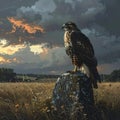 Hawk perched on stone in field Royalty Free Stock Photo