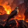 Hawk standing on rock amidst flames Royalty Free Stock Photo