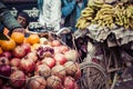 The hawker sell his fruits in Thamel in Katmandu, Nepal.