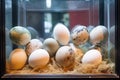 hawks nest with eggs, protected behind glass in zoo