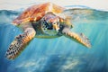 Hawksbill Sea Turtle swimming underwater in the ocean, 3d illustration, Green sea turtle from the island of Cyprus, AI Generated Royalty Free Stock Photo