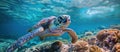 Hawksbill Turtle Swimming Over Coral Reef Royalty Free Stock Photo