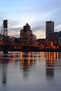 Hawthorne bridge and buildings at dusk. Royalty Free Stock Photo