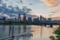 Hawthorne Bridge over Willamette River at sunset with skyline of downtown Portland, USA Royalty Free Stock Photo