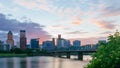 Hawthorne Bridge over Willamette River at sunset with skyline of downtown Portland, USA Royalty Free Stock Photo