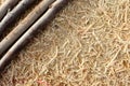 Hay background with wooden sticks