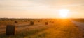 Hay bale. Agriculture field with sky. Rural nature in the farm land. Straw on the meadow. Wheat yellow golden harvest in summer. Royalty Free Stock Photo