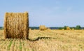 A field with straw hay bales after harvest Royalty Free Stock Photo