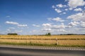 Hay bale. Agriculture field with sky. Rural nature in the farm land. Straw on the meadow. Wheat yellow golden harvest in summer. Royalty Free Stock Photo