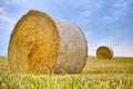 Hay, bale and field with stack of grass from harvest of straw in summer on farm with agriculture. Farming, landscape and Royalty Free Stock Photo