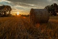 Hay bale in the field and sunset Royalty Free Stock Photo