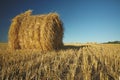 Hay bale on field with wheat straw and sky in the farm land at s