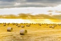 Hay bale in the foreground in rural field