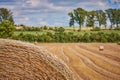 Hay bale close up in front of a field Royalty Free Stock Photo