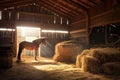 hay bale beside horse in a rustic barn setting Royalty Free Stock Photo