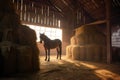 hay bale beside horse in a rustic barn setting Royalty Free Stock Photo