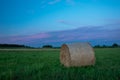 Hay bale lying on a green meadow and a cloud after sunset Royalty Free Stock Photo