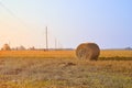 Hay bale at sunset. Agriculture field with blue sky and power lines. Rural nature in the farm land. Straw on the meadow. Royalty Free Stock Photo