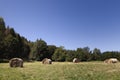 Hay bales on a field, clear blue sky