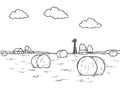 Hay bales in field in countryside. Sketch scratch board imitation coloring. Royalty Free Stock Photo