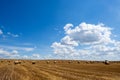 Hay bales on the field after harvest. Beautiful countryside landscape, rural nature in the farm land. Autumn, Harvesting concept Royalty Free Stock Photo