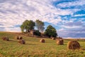 Hay bales on field in Provence south of France against trees and blue sky and white clouds Royalty Free Stock Photo