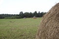 Hay bales in a field at sunset