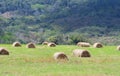 Hay bales on a green field near a mountain side Royalty Free Stock Photo