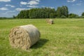 Hay bales on a green meadow, trees on the horizon and white clouds on a blue sky Royalty Free Stock Photo