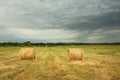 Hay bales on the hayfield and dark clouds on the sky Royalty Free Stock Photo