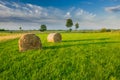 Hay bales lying on a green meadow and fantastic clouds in the sky Royalty Free Stock Photo