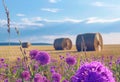 Hay bales and purple flowers on the field after harvest rural landscape Royalty Free Stock Photo