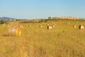 Hay bales rural landscape scene in summer.