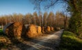 Hay bales on the Sile riverside north Italy at sunset. Royalty Free Stock Photo