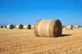 hay bales stacked high on a field under a clear sky Royalty Free Stock Photo
