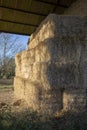 Hay bales stacked in open barn Royalty Free Stock Photo