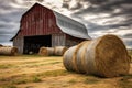 hay bales stacked beside a wooden barn Royalty Free Stock Photo