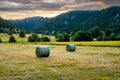 Hay bales at sunset in Black Forest Royalty Free Stock Photo