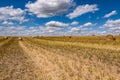 Hay bales under cloudy sky on harvested wheat field Royalty Free Stock Photo