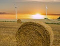 Hay bales with wind turbines in the background Royalty Free Stock Photo