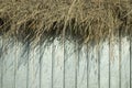 Hay hangs over the fence. The snow is harvested in the summer Royalty Free Stock Photo