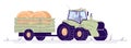 Hay harvesting flat vector illustration. Tractor with cart transporting haystacks. Outline agricultural machinery with Royalty Free Stock Photo