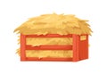 Hay heap in wood crate. Gold straw pile in box. Golden yellow wheat, autumn dry grass bale, forage, fodder in storage