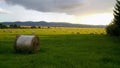 Hay rolls field in sunset 1/2 Royalty Free Stock Photo