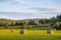 Hay rolls on green field at sunset in Provence, France