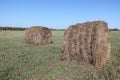 Hay rolls lying on a sloping field in autumn Royalty Free Stock Photo