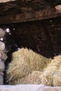 Hay or small square bales stored in a traditional haymow Royalty Free Stock Photo