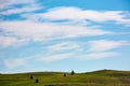 Hay stacks on hillside under the beautiful sky Royalty Free Stock Photo