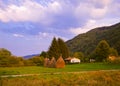 Hay in stacks - village in Serbia Royalty Free Stock Photo